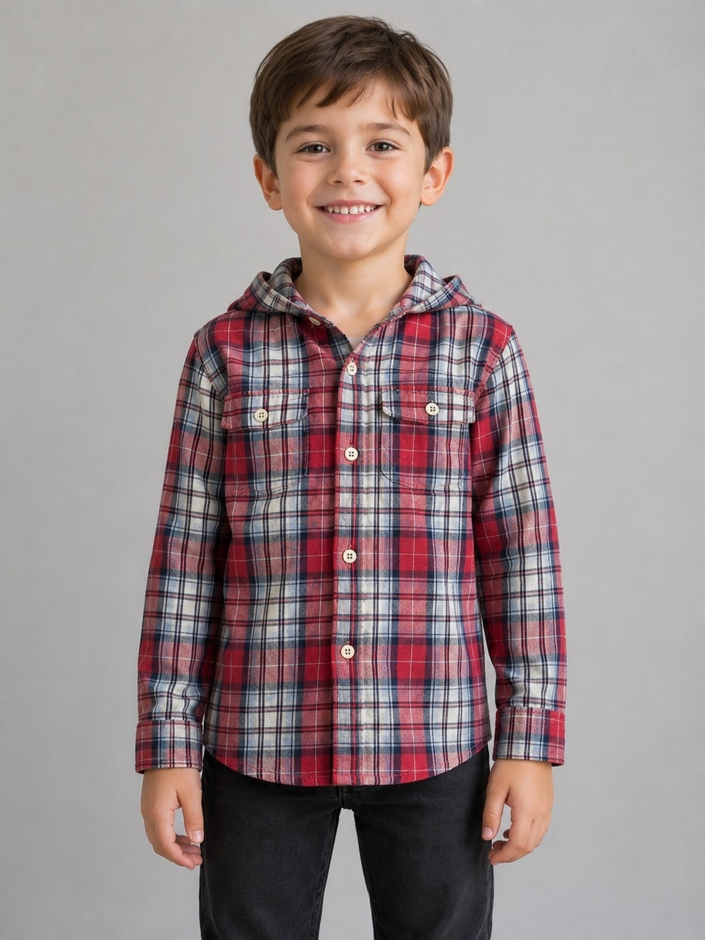 Faded Glory Boys Hooded Plaid Button Up Shirt Size 6-7 Red Blue White Cotton